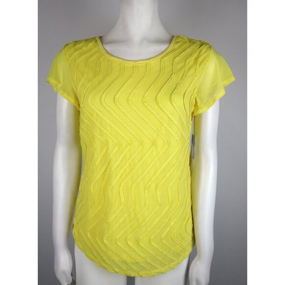 WOMEN'S YELLOW STRETCH SHEER SHORT SLEEVE TOP - REBECCA MALONE - SIZE S - Picture 1 of 10